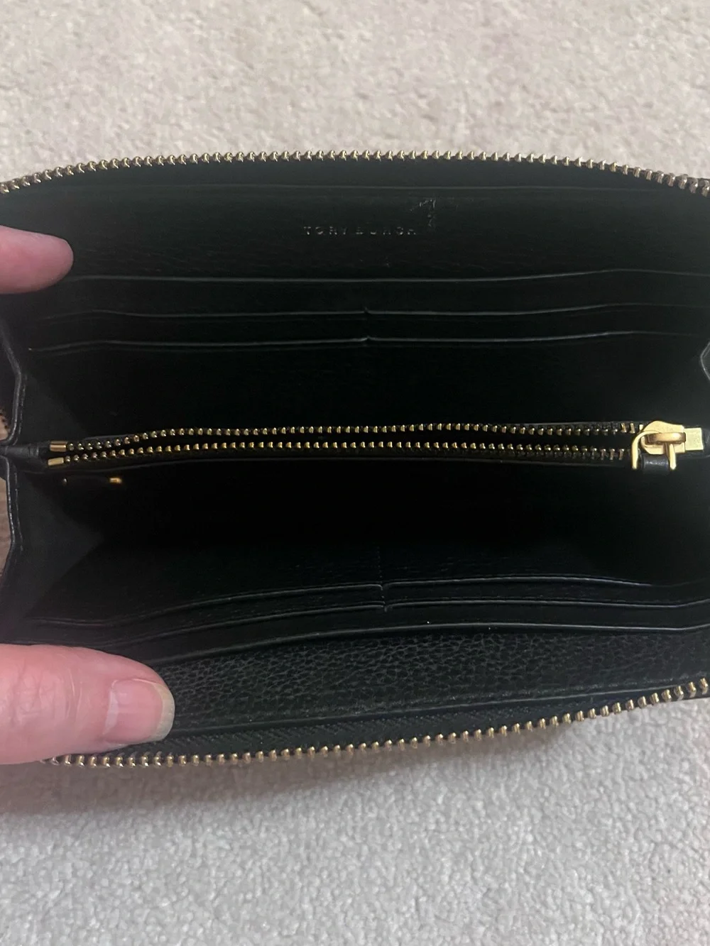 Tory Burch Black Pebbled Leather Wallet with Gold Logo